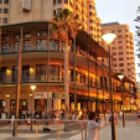 Our hotel at dusk. It's located on a promenade with lots of restaurants and cafes.